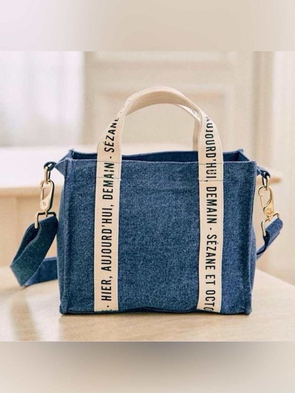Sezane Blue Denim Tote with Cream Branded Straps
